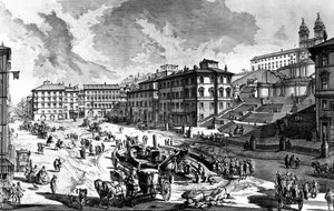 「ローマの景色」シリーズ、1760年頃のスペイン広場の眺め 作： Giovanni Battista Piranesi